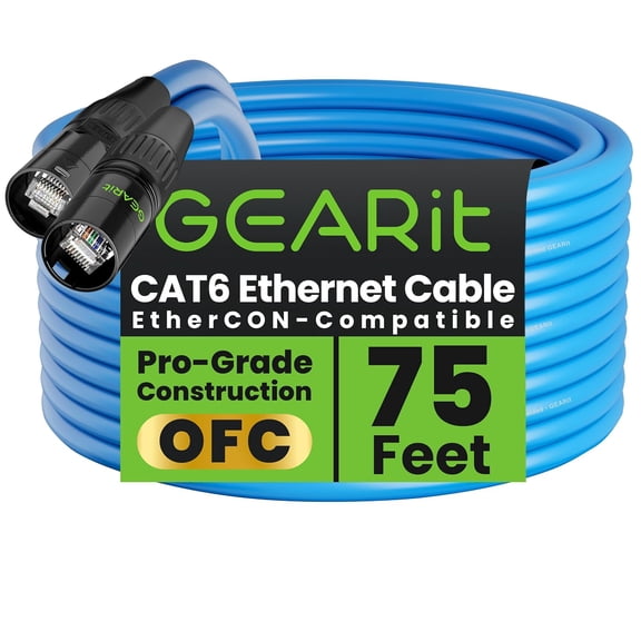 GEARit CAT6 Ethernet Cable, EtherCON-Compatible (75 Feet) RJ45 Connectors for Pro Audio, Aluminum Shielded, Oxygen Free Copper - 75 ft. - Blue