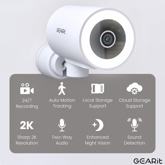 GEARit Cameras for Home Security - Outdoor Camera with Clear 2K HD Video - IP65 Weatherproof, Motion Detection & Tracking Home Security Camera w/Color Night Vision - 2-Way Audio Surveillance Camera