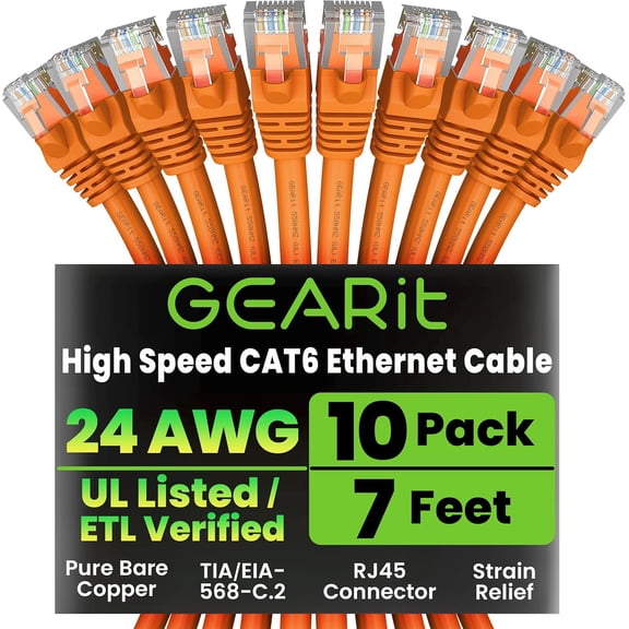 GEARit Cat 6 Ethernet Cable (10-Pack 7 Feet) Cat6 Network Patch, 10Gbps, RJ45, Snagless Cord, Gold-Plated Connectors, Internet for PC, TV, Tablet, Router, Printer, Servers, IT Data Center - Orange