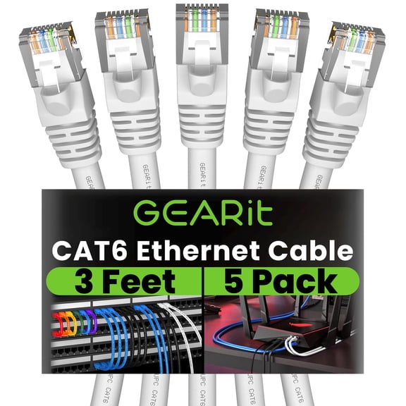 GEARit Cat 6 Ethernet Cable (5-Pack 3 Feet) Cat6 Network Patch, 10Gbps, RJ45, Snagless Cord, Gold-Plated Connectors, Internet for PC, TV, Tablet, Router, Printer, Servers, IT Data Center - White