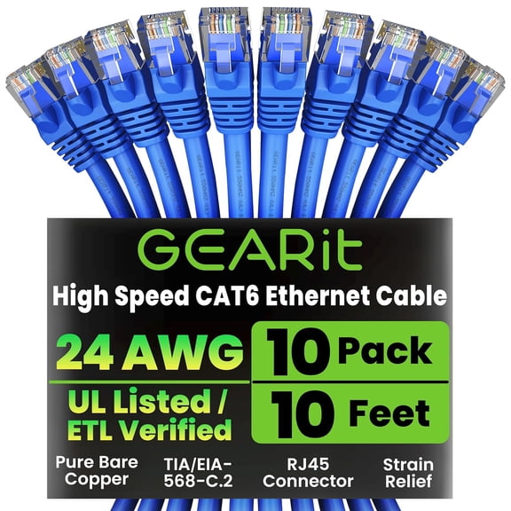 GEARit Cat 6 Ethernet Cable Pack - 10-Pack 10 ft Cat6 Patch Cables | RJ45 Network Cable, Gbps Snagless Gold-Plated Connectors for PC, TV, Router Blue