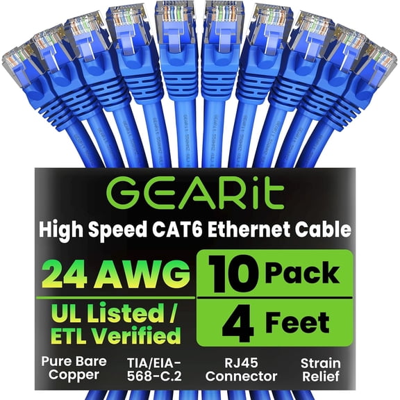 GEARit Cat 6 Ethernet Cable Pack - 10-Pack 4 ft Cat6 Patch Cables | RJ45 Network Cable, 10 Gbps Snagless Gold-Plated Connectors for PC, TV, Router Blue