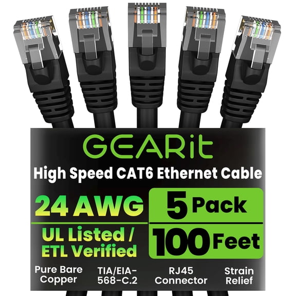 GEARit Cat 6 Ethernet Cable Pack - 5-Pack 100 ft Cat6 Ethernet Patch Cables | RJ45 Network Patch Cable, 10 Gbps Snagless Gold-Plated Connectors - Ethernet Cable Cat 6 for PC, TV, Router - Black