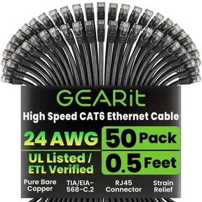 GEARit Cat 6 Ethernet Cable Pack - 50-Pack 0.5 ft Cat6 Ethernet Patch Cables | RJ45 Network Patch Cable, 10 Gbps Snagless Gold-Plated Connectors - Ethernet Cable Cat 6 for PC, TV, Router - Black