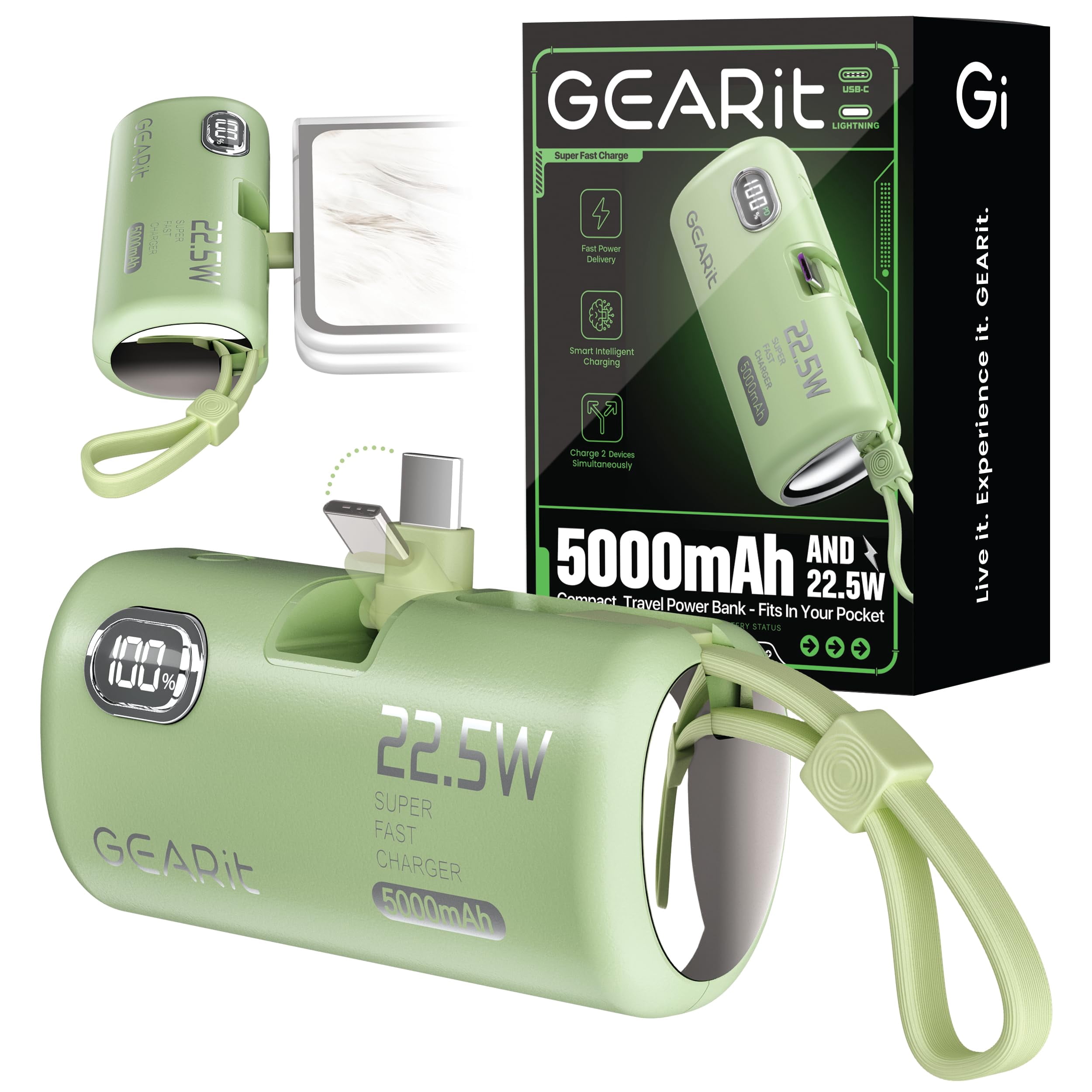 GEARit Dual Output 5000mAh Power Bank - Small Battery Pack with USB-C and Lightning Connectors, Battery Display - Compact Portable Charger