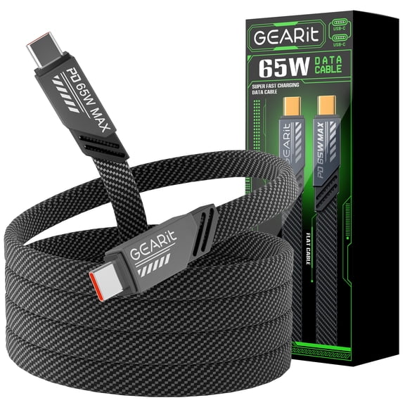 GEARit 65W USB-C Charger Cable & USB-C Data Cable - Fast Charging Flat Cord for iPhone, iPad, Macbook, Samsung Devices