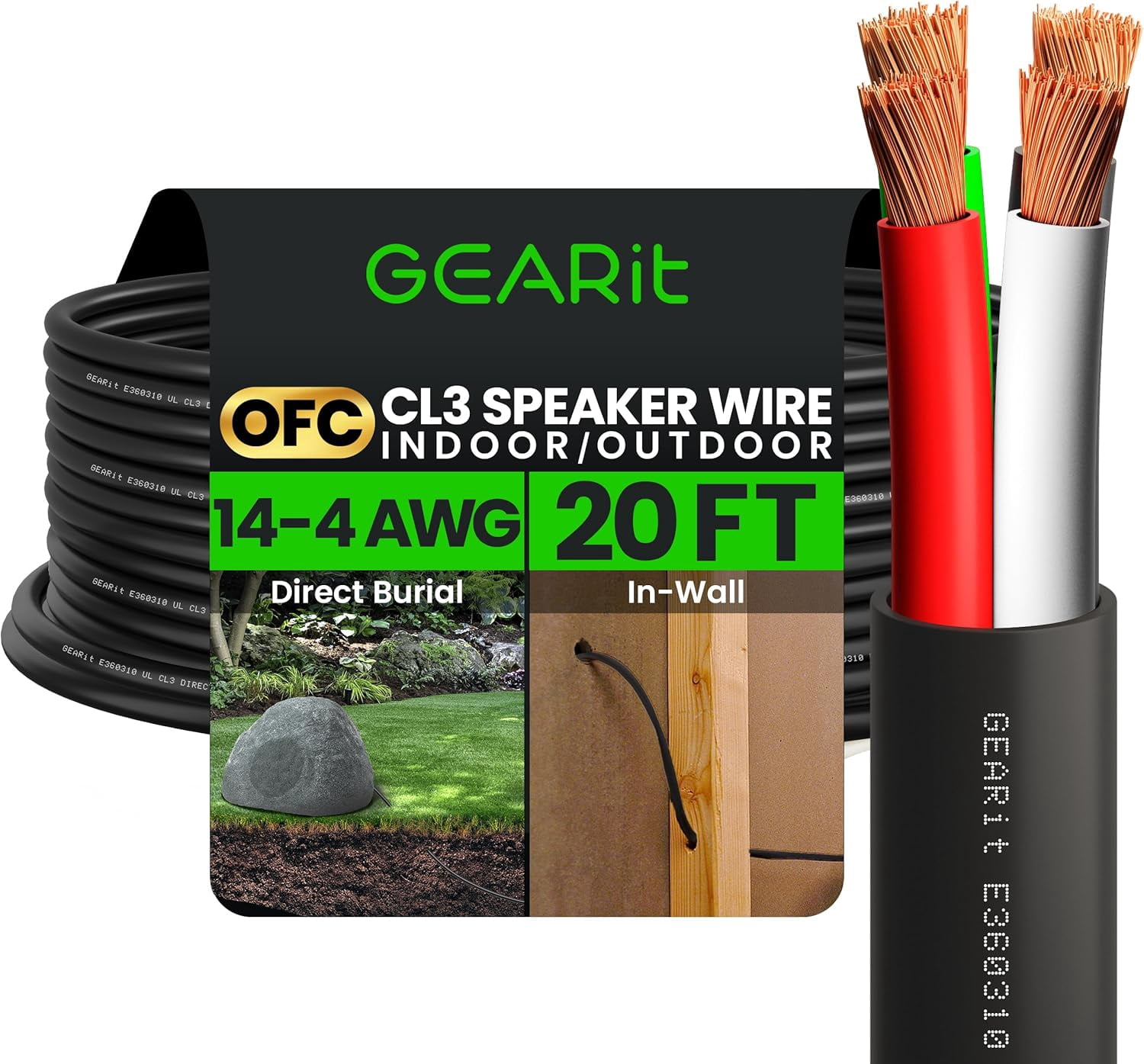 GEARit Outdoor Speaker Wire CL3 Rated, 14 Gauge Speaker Wire, Speaker Cable 20 ft for Outdoor Speakers, Patio, Garden, Backyard Audio, Direct Burial in Ground/in Wall, OFC (Black, 4-Conductors)