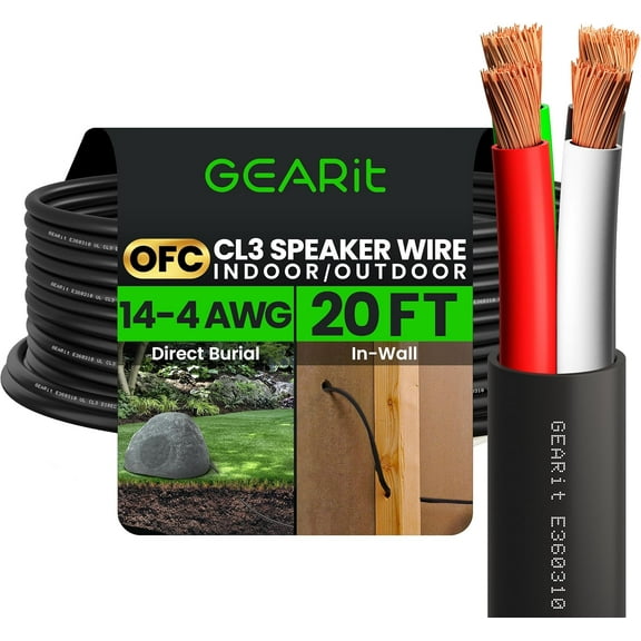 GEARit Outdoor Speaker Wire CL3 Rated, 14 Gauge Speaker Wire, Speaker Cable 20 ft for Outdoor Speakers, Patio, Garden, Backyard Audio, Direct Burial in Ground/in Wall, OFC (Black, 4-Conductors)