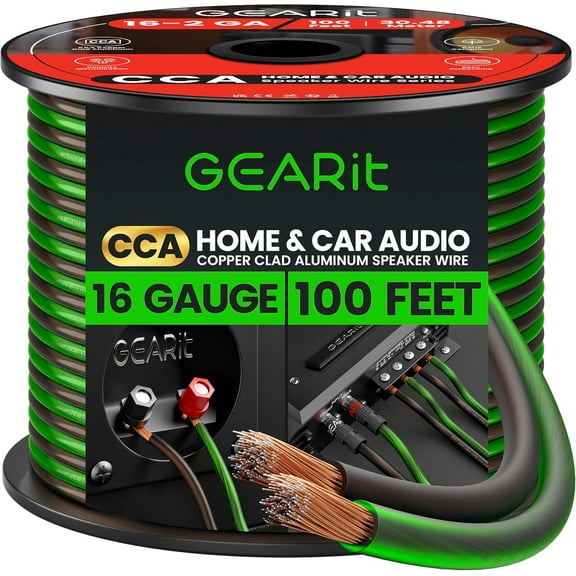 GEARit Pro Series 16AWG Speaker Wire, 16 Gauge Speaker Wire Cable (100 Feet / 30 Meters) Great Use for Home Theater Speakers and Car Speakers, Transparent Black/Green