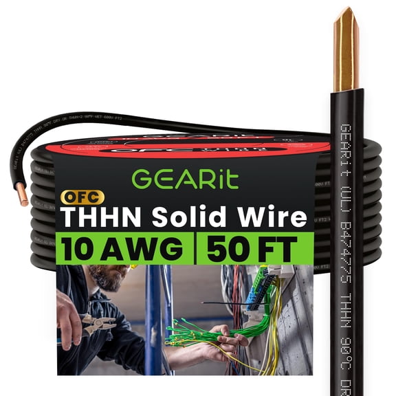 GEARit Solid THHN Wire (10 Gauge, 50 Feet) 100% OFC Electrical Building Wire, Rated for Up to 600 Volts, Single Conductor, Nylon Jacket, UL Listed/RoHs Compliant - Black, 50ft