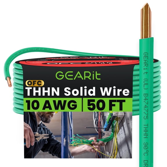 GEARit Solid THHN Wire (10 Gauge, 50 Feet) 100% OFC Electrical Building Wire, Rated for Up to 600 Volts, Single Conductor, Nylon Jacket, UL Listed/RoHs Compliant - Green, 50ft