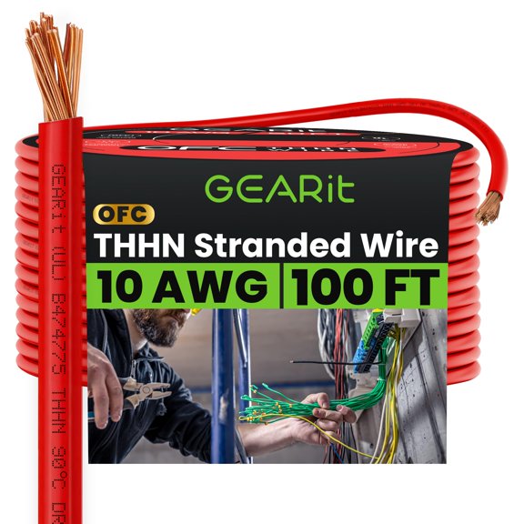 GEARit Stranded THHN Wire (10 Gauge, 100 Feet) 100% OFC Electrical Building Wire, Rated for Up to 600 Volts, Single Conductor, Nylon Jacket, UL Listed/RoHs Compliant - Red, 100ft