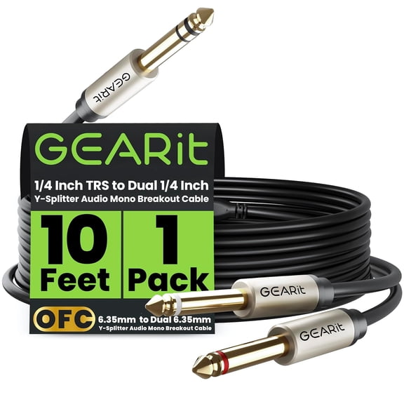 GEARit TRS to Dual Ts Y-Splitter 1/4 Inch Audio Cable, 10 Ft Stereo Insert Breakout Cord for Mixers, Instruments, Hi-Fi Systems, Quarter Inch Cable