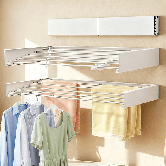 GECAUOEA Wall Mounted Clothes Drying Rack 32", Collapsible Space Saving Laundry Drying Rack with 50 lb Capacity, White