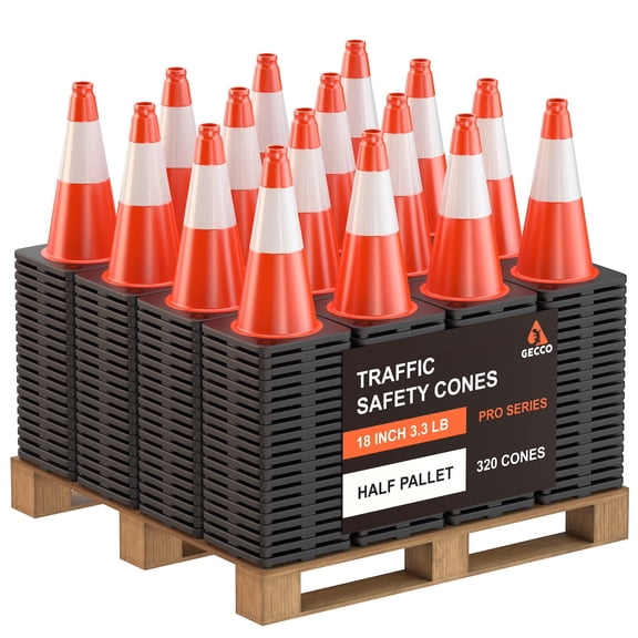 GECCO™ (320 Cones per Pallet) 18 Inch 3.3 Lb Orange Traffic Cones in Bulk | PVC Plastic & Black Base - [PRO SERIES]