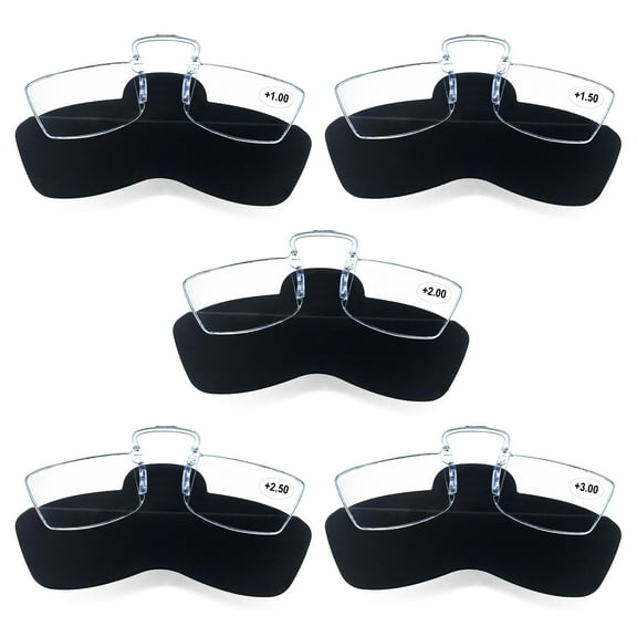 Mini Reading Glasses - Set of 5 Focal Strengths ( 1.00 - 1.50 - 2.00 - 2.50 - 3.00 ) compact travel glasses with adhesive silicone case - 5 PAIRS