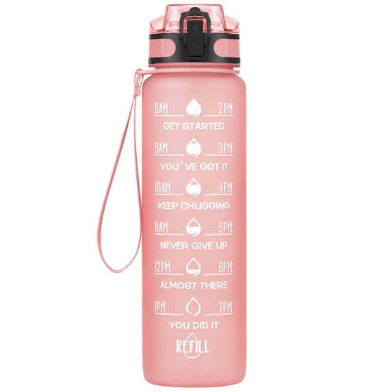 GEDUX 32oz Motivational Water Bottle with Time Marker BPA Free Tritan Reusable Sports Bottle, Leak Proof & One-Click Open Lid, Wide Mouth with Carry Strap for Gym Travel Running