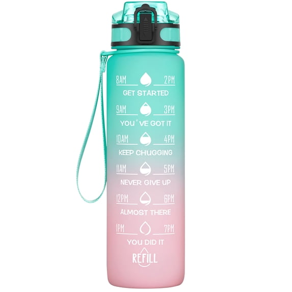 GEDUX 32oz Motivational Water Bottle with Time Marker BPA Free Tritan Reusable Sports Bottle, Leak Proof & One-Click Open Lid, Wide Mouth with Carry Strap for Gym Travel Running