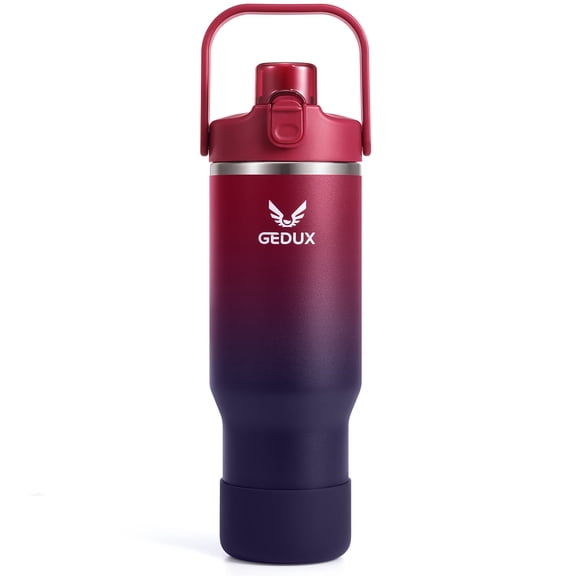 GEDUX 32oz Stainless Steel Tumbler with Handle and Straw, Vacuum Insulated Water Bottle with 2-in-1 Lid (Chug/Straw) and Silicone Boot，Keeps Drinks Hot and Cold