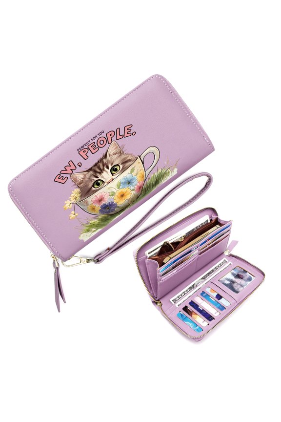 Credit Card Holder for Women Cute Wallet Kitten Floral Teacup Humorous Text Daily Commute Essential Snap Button Wallet