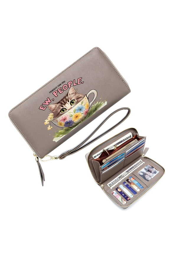 Credit Card Holder for Women Cute Wallet Kitten Floral Teacup Humorous Text Daily Commute Essential Snap Button Wallet