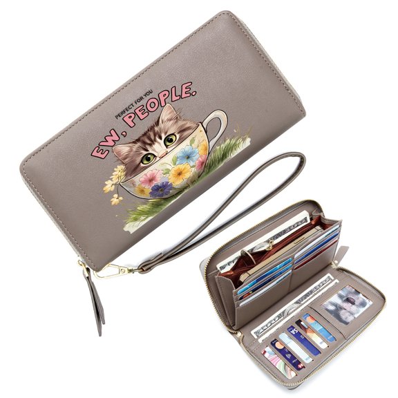 GEEAD Credit Card Holder for Women Cute Wallet Kitten Floral Teacup Humorous Text Daily Commute Essential Snap Button Wallet