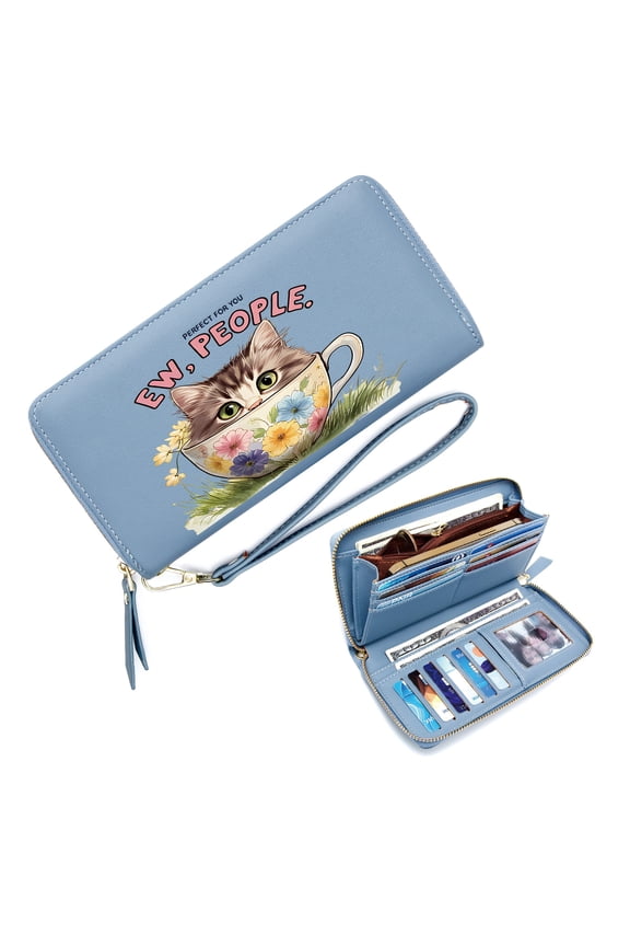 Credit Card Holder for Women Cute Wallet Kitten Floral Teacup Humorous Text Daily Commute Essential Snap Button Wallet
