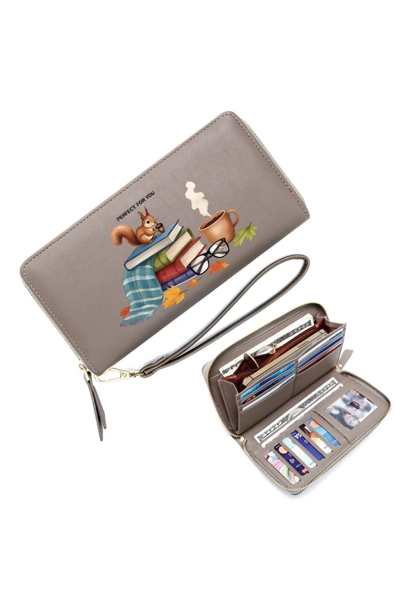 Fashion Women ID Credit Card Holder Zipper Lady Credit Card Case Wallet Cozy Autumn Stacked Books Squirrel Gift for Girlfriend, Mom & Friends Suitable for Women and Men