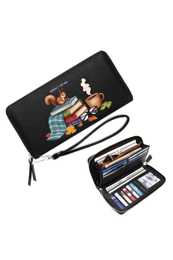 Fashion Women ID Credit Card Holder Zipper Lady Credit Card Case Wallet Cozy Autumn Stacked Books Squirrel Gift for Girlfriend, Mom & Friends Suitable for Women and Men