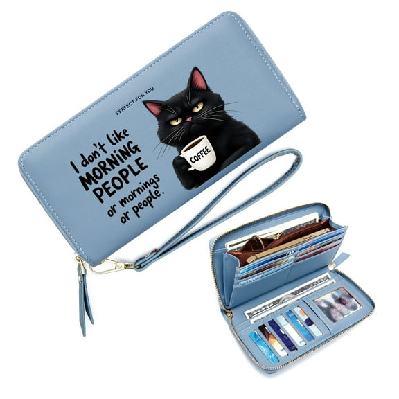 GEEAD Large Capacity Wallet for Women Personalized RFID Wallet for Women Black cat Coffee cup Cartoonish humor Travel Accessory Card Holder Suitable for Everyday Use