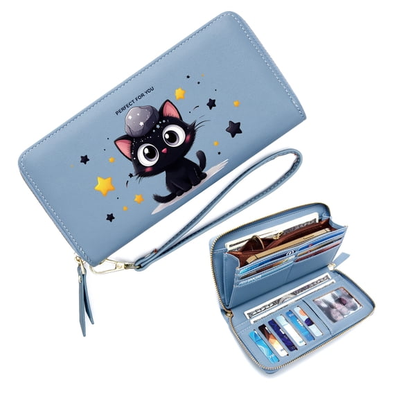 GEEAD Large Capacity Wallet for Women Ultral-thin Long Wallet for Women whimsical night sky black kitten star-covered stone Valentine's Day, Mother's Day, Birthday Gifts Eyecatching Accessory