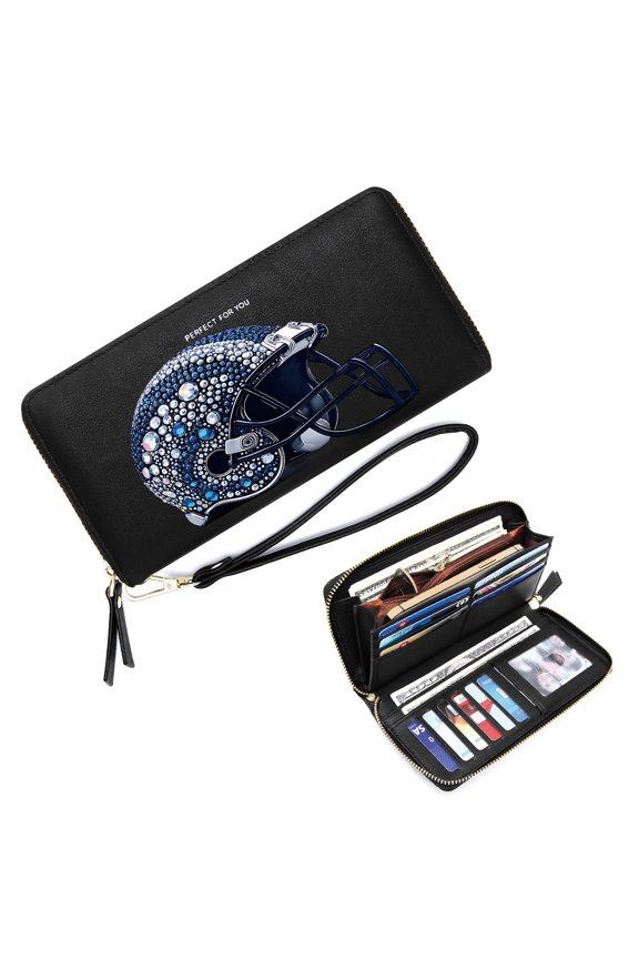 Large Capacity Wallet for Women Wallet with RFID Blocking ornate football helmet luxurious sports equipment blue-white gemstones Stylish Accessory Smooth Texture Durable & Stylish Accessory