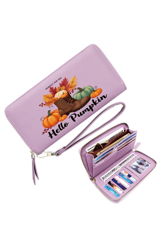 Lightweight Women's Clutch Wallet Fashion Women ID Credit Card Holder Pumpkins and Gourds Vibrant Colors Contrast Autumn Arrangement Large Capacity Zip Around Durable Polyester Lining