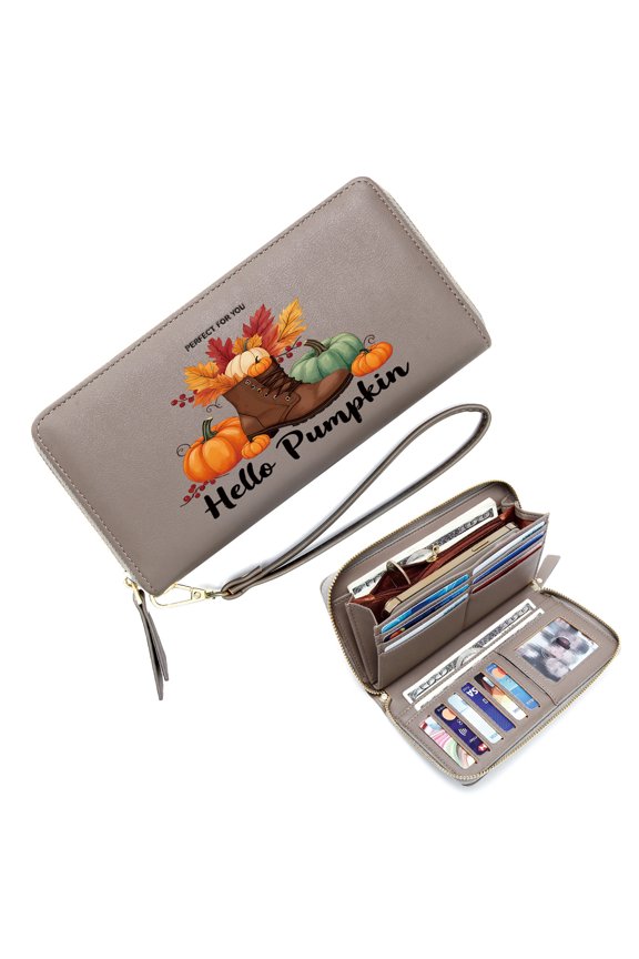 Lightweight Women's Clutch Wallet Fashion Women ID Credit Card Holder Pumpkins and Gourds Vibrant Colors Contrast Autumn Arrangement Large Capacity Zip Around Durable Polyester Lining