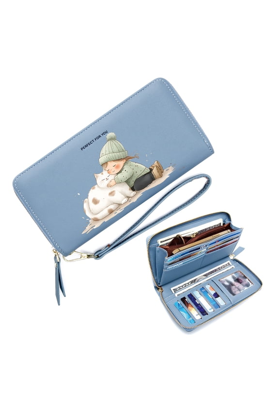 Lightweight Women's Clutch Wallet Multiple Card Slots snowy scene child hugging cat whimsical illustration Perfect Everyday Use or Gift Idea for Girlfriend, Mom & Friends