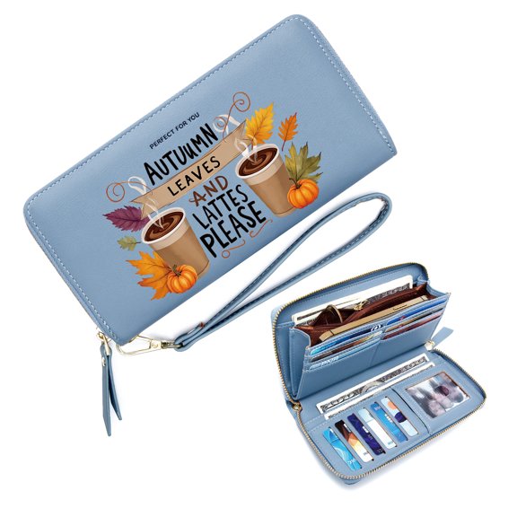 GEEAD Lightweight Women's Clutch Wallet Zipper Card Bag with ID Window Coffee Autumn Leaves Snap Button Wallet Stylish Accessory Smooth Texture