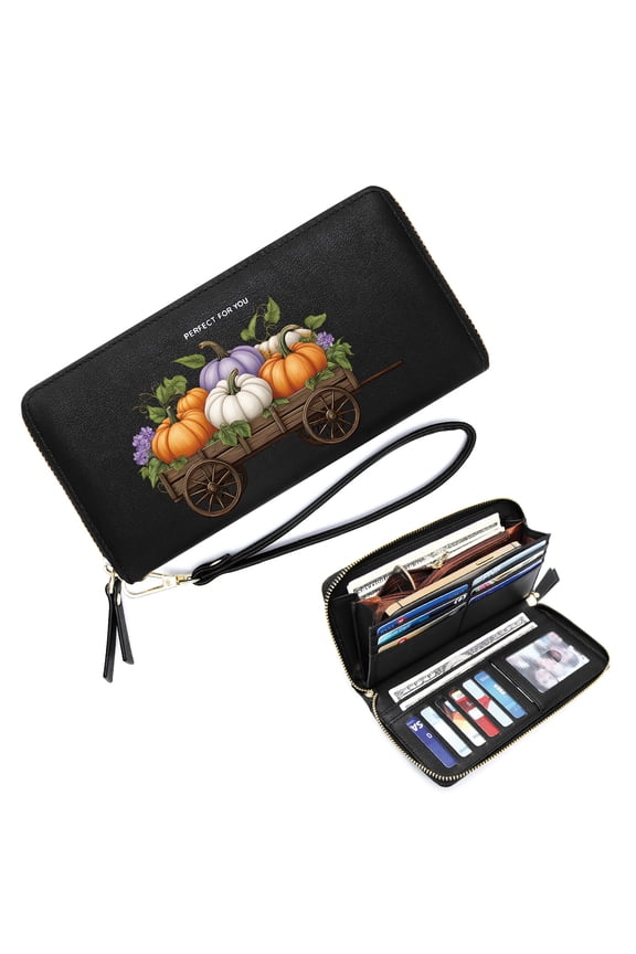 Lightweight Women's Clutch Wallet Zipper Lady Credit Card Case Wallet rustic wooden cart assorted pumpkins autumnal harvest Includes Wrist Strap Zipper Coin Pocket