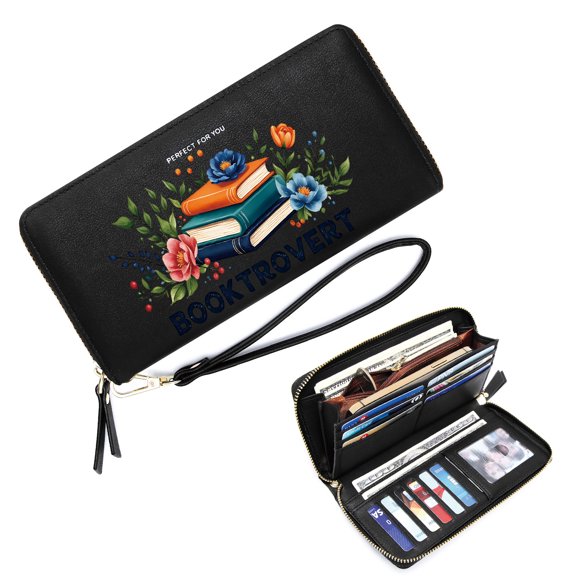 GEEAD Long Wallet for Women Ultral-thin Long Wallet for Women Books BOOKTROVERT Floral Zipper Coin Pocket Elegant Gift for Mother's Day, Bridesmaid, Christmas