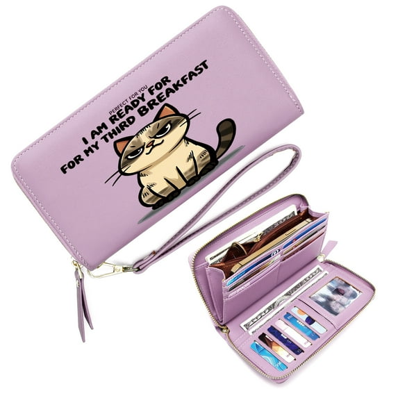 GEEAD Long Wallet for Women Wallet with RFID Blocking for Women Cartoon cat Grumpy expression Humorous realism Everyday Wallet Large Capacity Zip Around