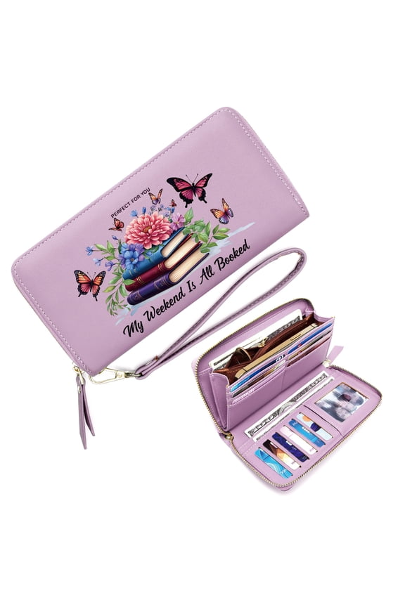 Long Zippered Purse Wallet for Women Credit Card Holder for Women Butterflies Stacked Books Vibrant Flowers Best Thanksgiving Gift for Women Valentine's Day, Mother's Day, Birthday Gifts