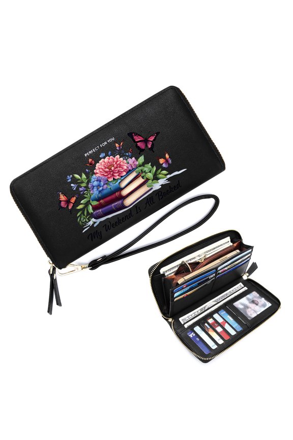 Long Zippered Purse Wallet for Women Credit Card Holder for Women Butterflies Stacked Books Vibrant Flowers Best Thanksgiving Gift for Women Valentine's Day, Mother's Day, Birthday Gifts
