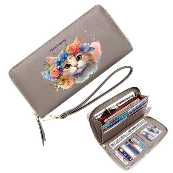 GEEAD Long Zippered Purse Wallet for Women Personalized RFID Wallet for Women Artistic Splashes Floral Crown Cat Vibrant Flowers Zipper Coin Pocket Elegant Accessory
