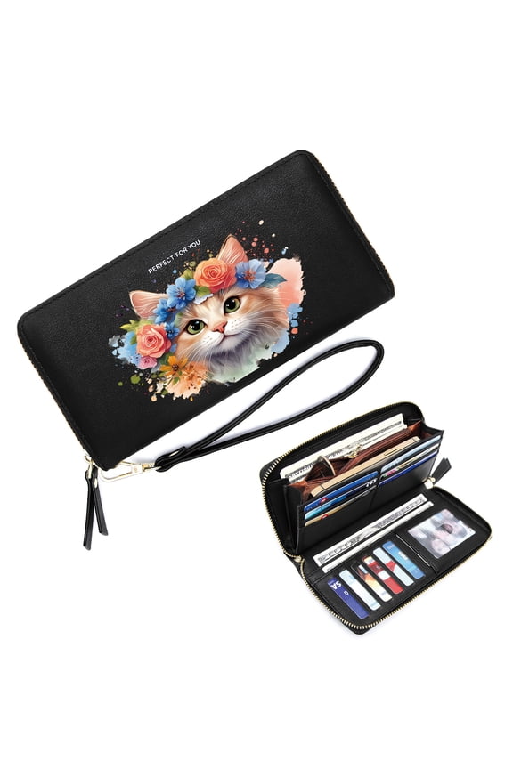 Long Zippered Purse Wallet for Women Personalized RFID Wallet for Women Artistic Splashes Floral Crown Cat Vibrant Flowers Zipper Coin Pocket Elegant Accessory