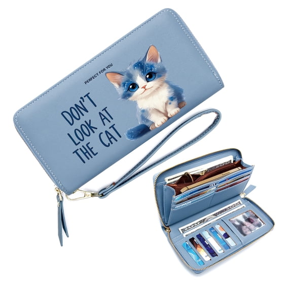 GEEAD Long Zippered Purse Wallet for Women Secure Wallet for Women Humorous text Whimsical style Cute kitten Travel Accessory Card Holder Large Capacity Zip Around