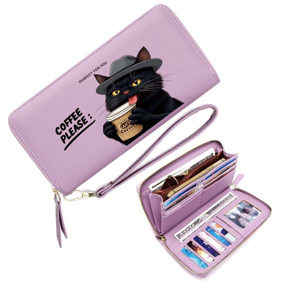 GEEAD Multiple Card Slots Wallet for Women Wallet with Zipper Pockets for Women Coffee Cup Black Cat Whimsical Style Perfect Everyday Use or Gift Idea Snap Button Wallet