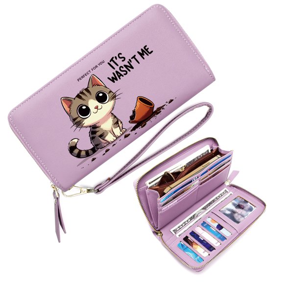 GEEAD Personalized RFID Wallet for Women Fashion Women ID Credit Card Holder Overturned orange pot Playful mishap Cartoon-style kitten Travel Accessory Card Holder Elegant Accessory