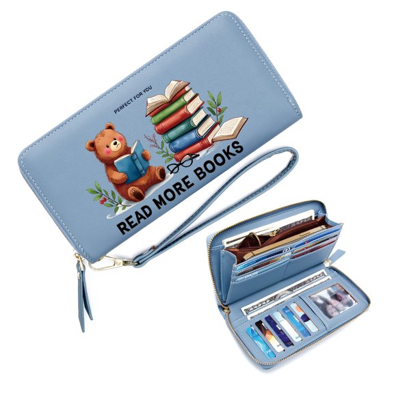 GEEAD Personalized RFID Wallet for Women Spacious Everyday Wallet for Women Teddy Bear Colorful Books Cozy Reading Season And Graduation Gifts Gift for Father's Day Teacher's Day Graduation