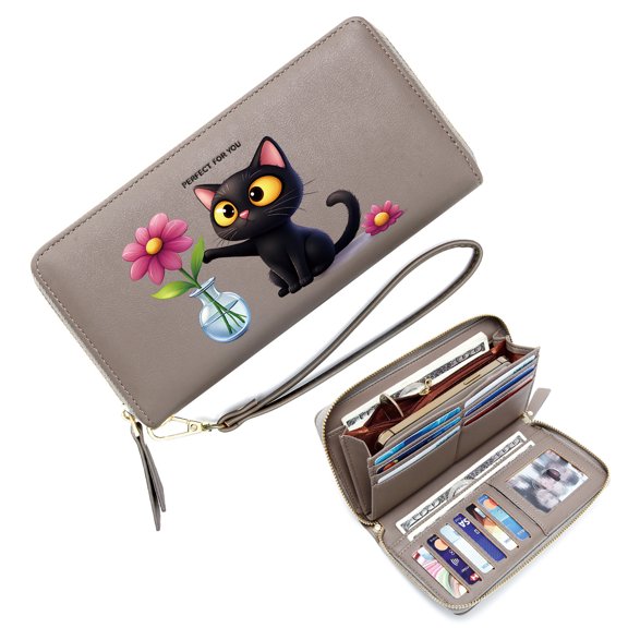 GEEAD Personalized RFID Wallet for Women Ultral-thin Long Wallet for Women Solid black background Cartoon black cat Transparent glass vase Durable & Stylish Accessory Daily Commute Essential