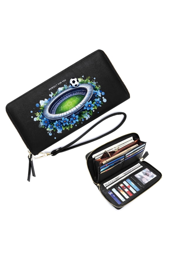 RFID Blocking Wallet for Women Zip Around Wallet for Women Soccer Ball Blue Flowers Soccer Stadium Large Capacity Zip Around Durable & Stylish Accessory