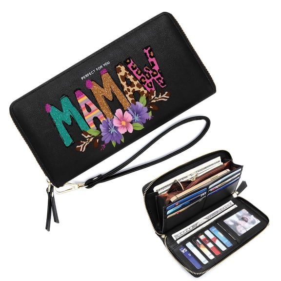 GEEAD Secure Wallet for Women Long Wallet for Women Floral Arrangement Leopard Print Patterns Decorative Letters Everyday Wallet Best Thanksgiving Gift for Women